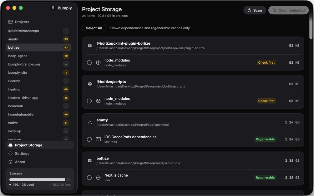Bumply’s Project Storage: twenty gigabytes across twenty-four items, each build artefact listed with its size and marked regenerable or worth checking first